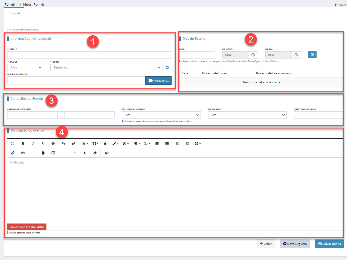 Criação de Evento - Novo Evento