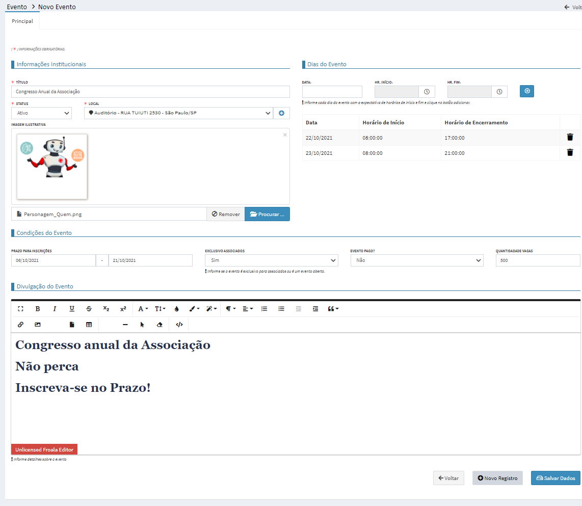 Criação de Evento - Novo Evento