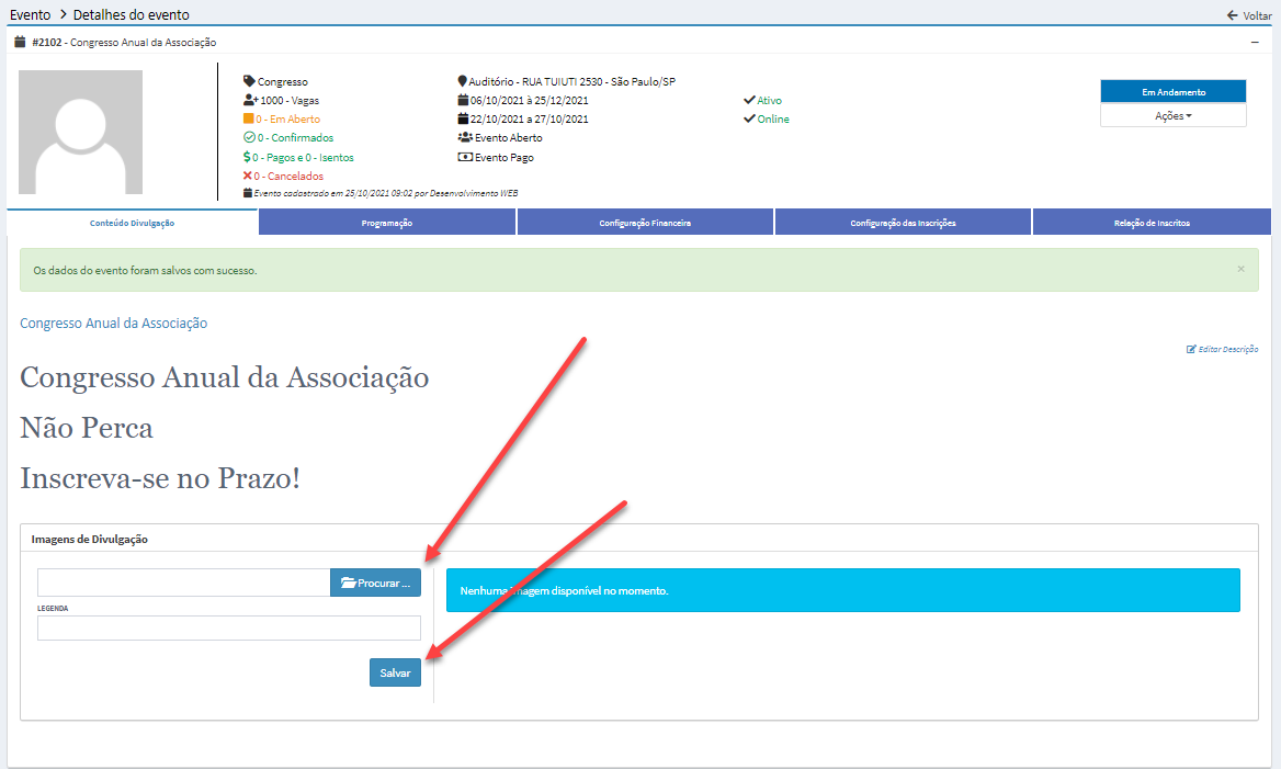 Criação de Evento - Conteúdo de Divulgação
