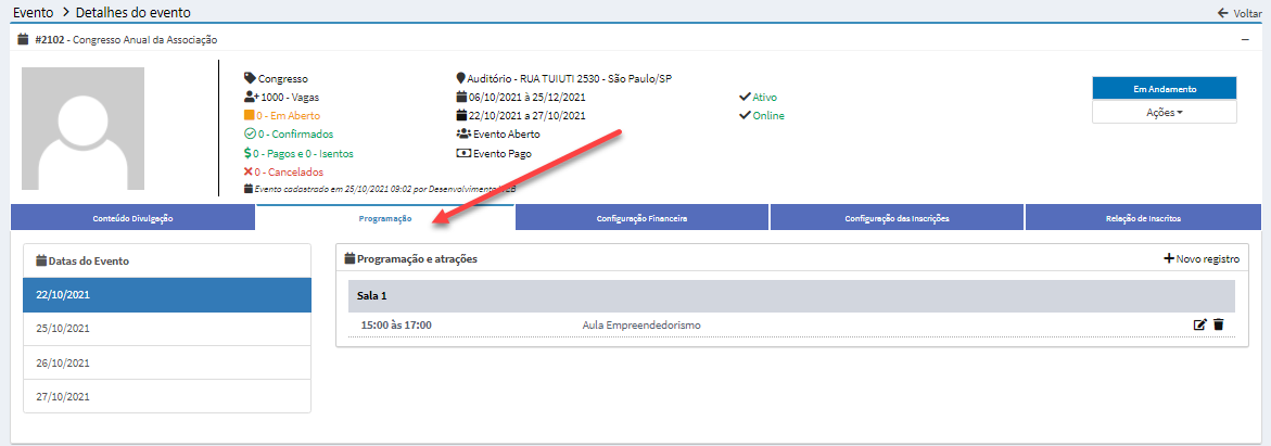 Criação de Evento - Programação