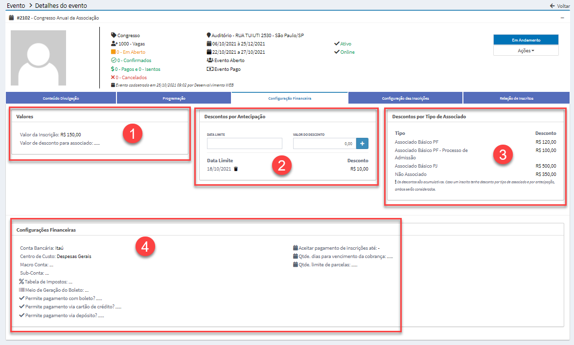 Criação de Evento - Configurações Financeiras